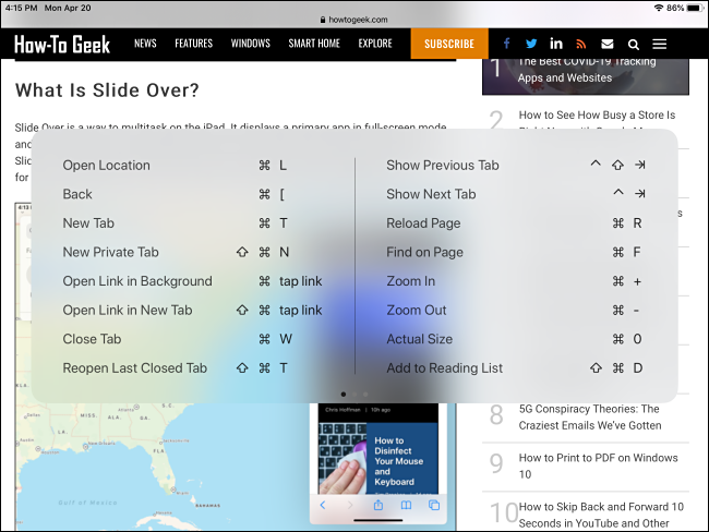 Safari command keyboard shortcut pop-up on iPad