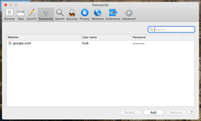 A list of stored passwords in Safari for Mac