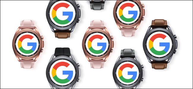 Seven Samsung Galaxy smartwatches with the Google logo on their faces.