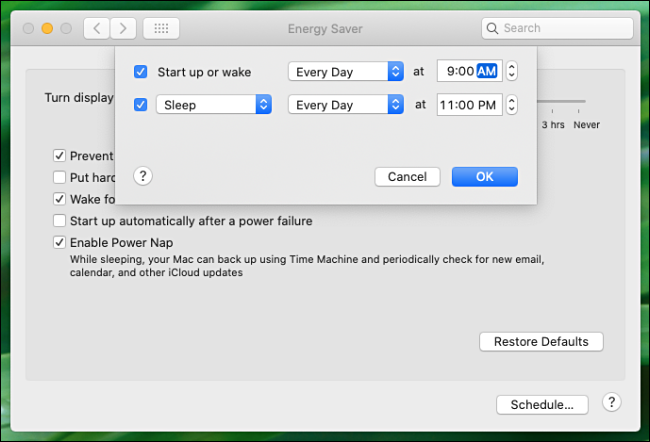 The automatic startup and shutdown settings in the Energy Saver menu.