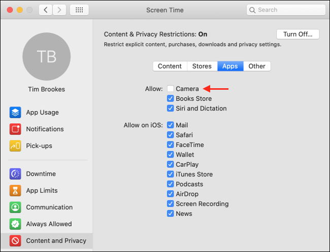 Check the box next to Camera under the Apps tab.