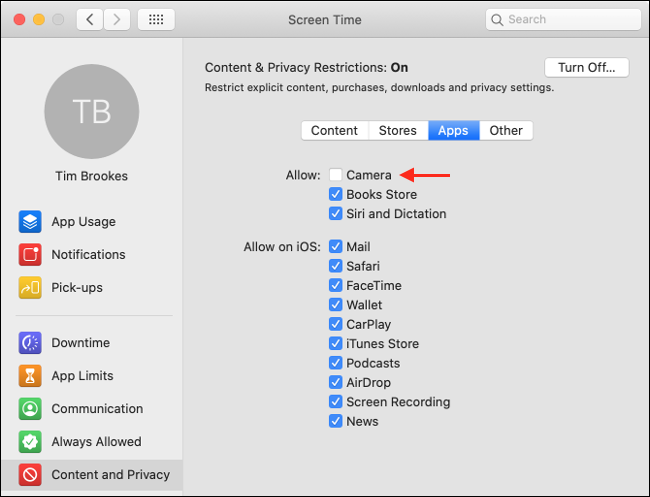 Check the box next to Camera under the Apps tab. 