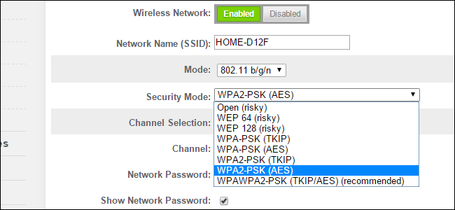 Router setting security options, showing several different encryption options.