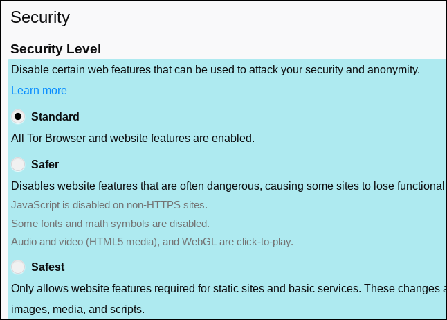 Tor browser security settings