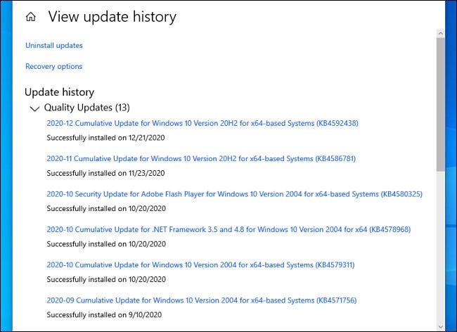 A list of installed Windows 10 updates in Settings.