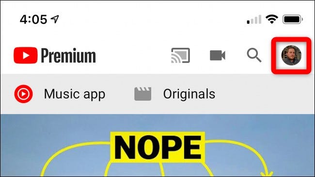Select Avatar in Top Right Corner in YouTube Mobile App