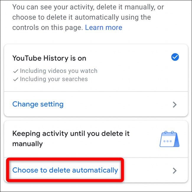 Select Choose to Delete Automatically in YouTube Mobile App