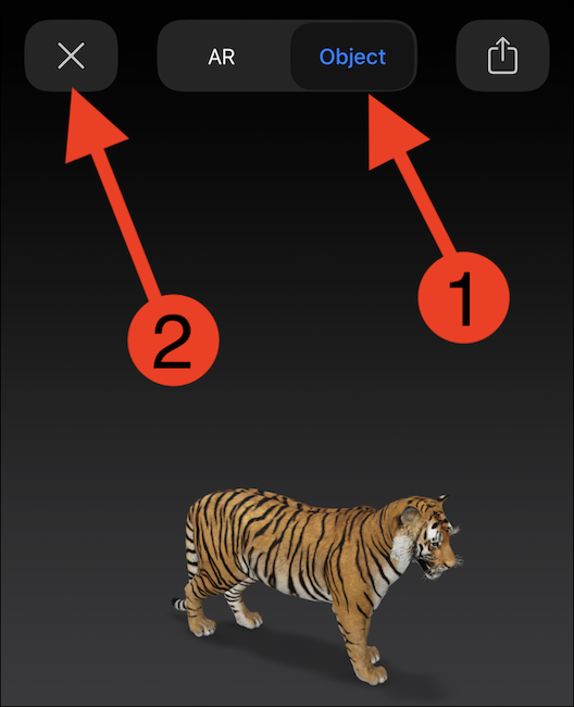 Tap Object to view without the AR experience or X to exit AR mode.