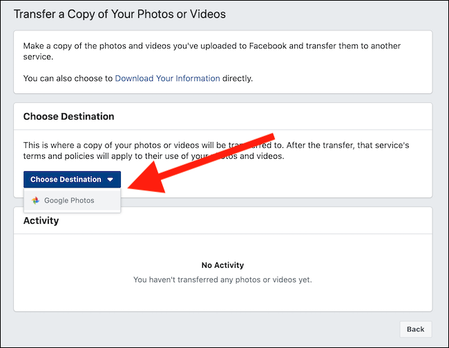Select the Choose Destination drop-down menu and then click Google Photos