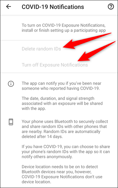 Select the Turn Off Exposure Notifications and or Delete Random IDs option