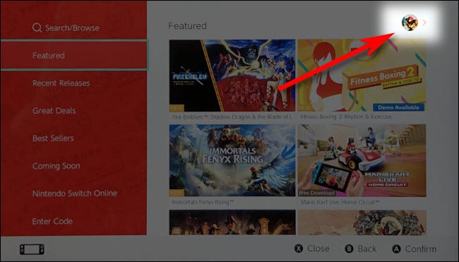 In the Nintendo Switch eShop, tap your account icon to access account information.