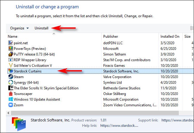 In Programs and Features, select the app you want to uninstall and click Uninstall.