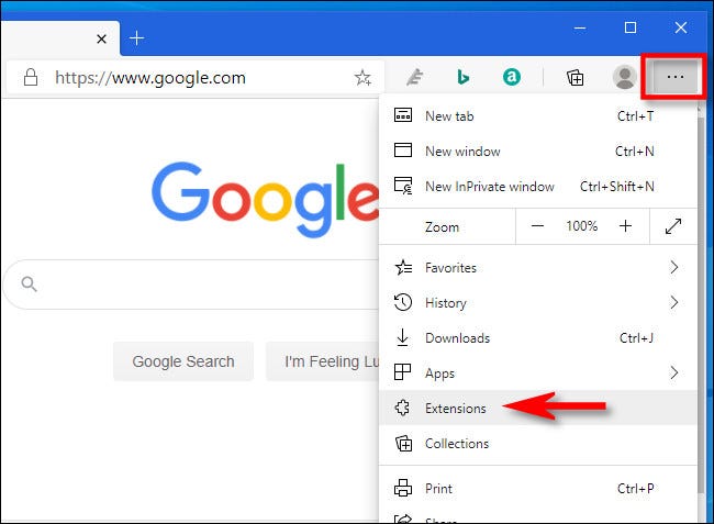 In Edge, click the ellipses button then select Extensions.