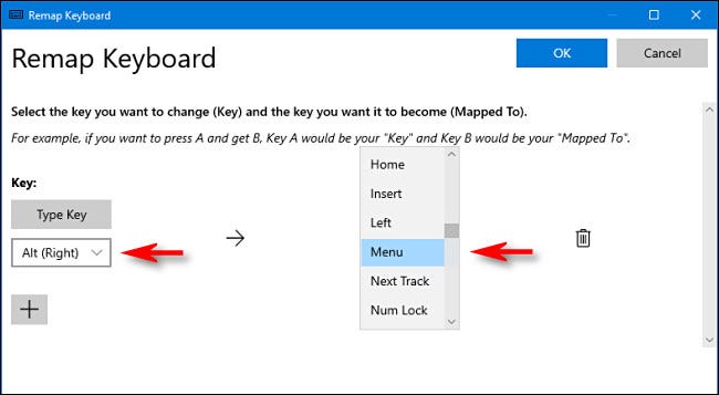 Click the drop-down arrow and select the key, and then select Menu from the Mapped To drop-down.