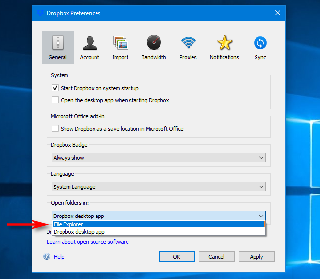 Dropbox Preferences on Windows: Select Open Folders In 