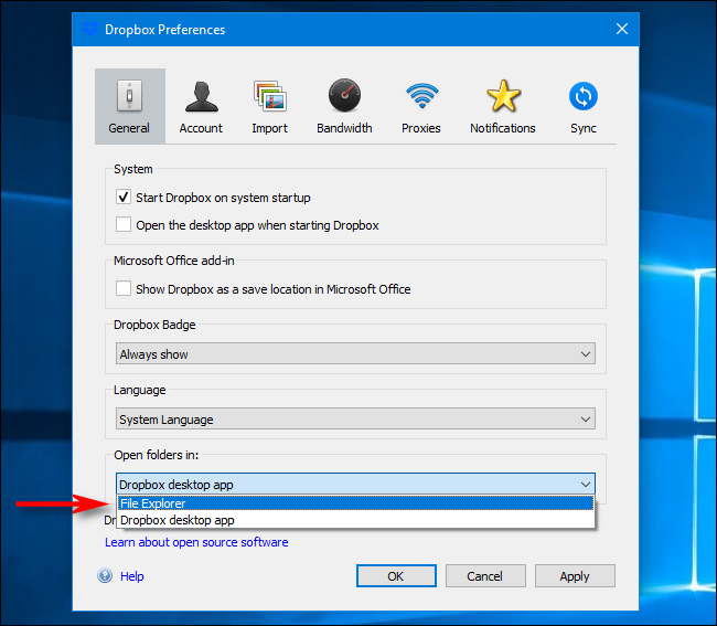 Dropbox Preferences on Windows: Select Open Folders In