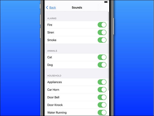 In Sound Recognition on iPhone, tap the switches for the sounds you'd like to recognize.