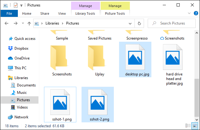 Selecting multiple files with the keyboard in File Explorer.