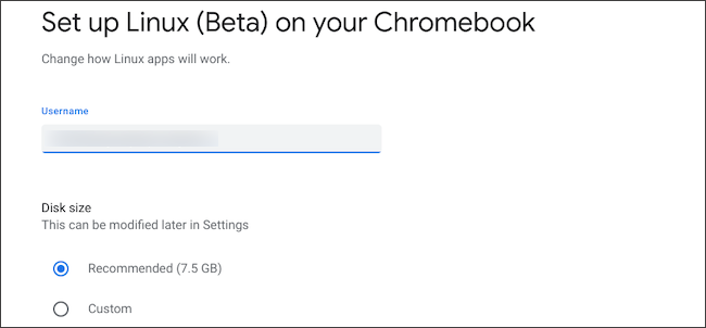 Configure Linux disk size and username on Chromebook