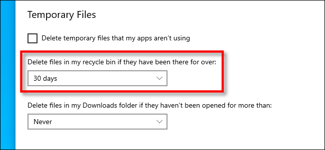 Set interval for Recycle Bin file deletion in Windows 10 Settings
