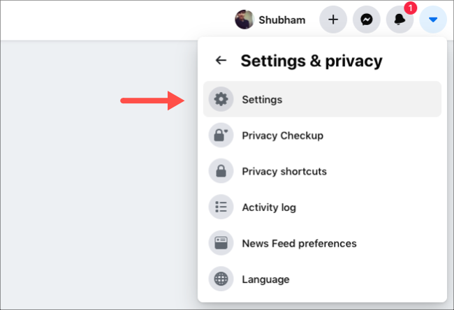Select Settings option on Facebook website