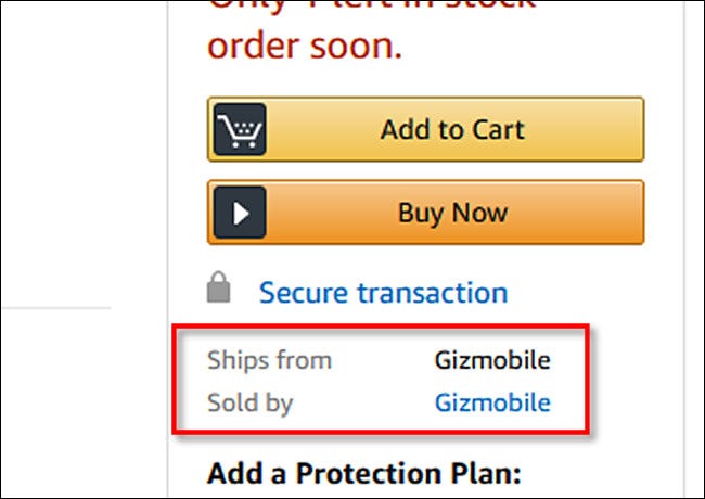 A product listing on Amazon that Ships From Gizmobile and is Sold By Gizmobile.