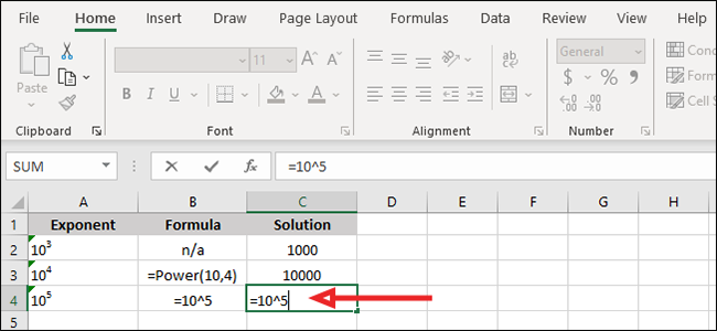 Plug your base number and exponent into the =base number^exponent formula.