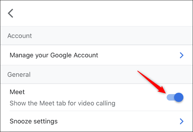 Toggling the Meet tab for video calling in Gmail on iPhone.