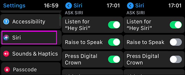 turning off siri on an apple watch settings screens