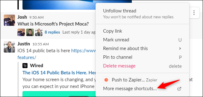 The More message shortcuts option in Slack's message context menu.