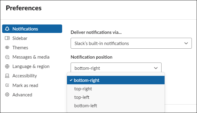 Slack notification position options on Windows 10.