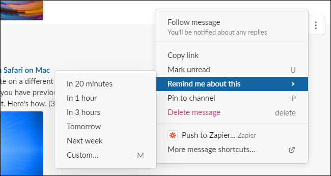 Creating a reminder in Slack for Windows, Mac, or the web.