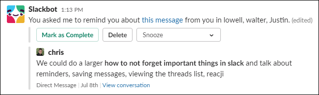 A reminder about a message from Slackbot.