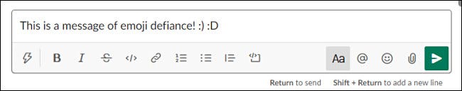 A Slack message showing un-converted emoticons.
