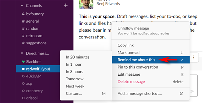 Setting a Slack message reminder