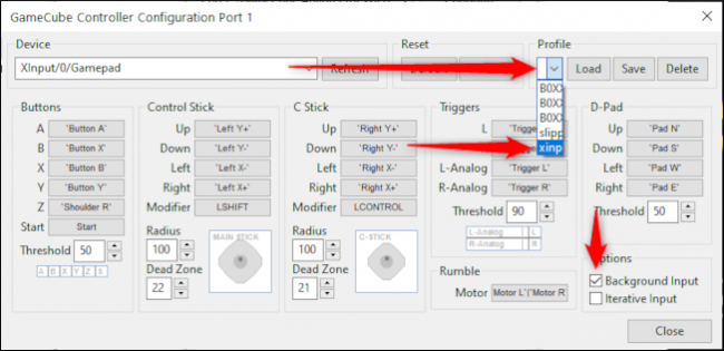 Select Xinput Gamecube, click Load, and then select Background Input.