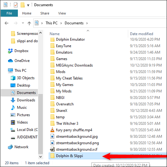 A Dolphin and Slippi folder in the Documents folder on a PC.