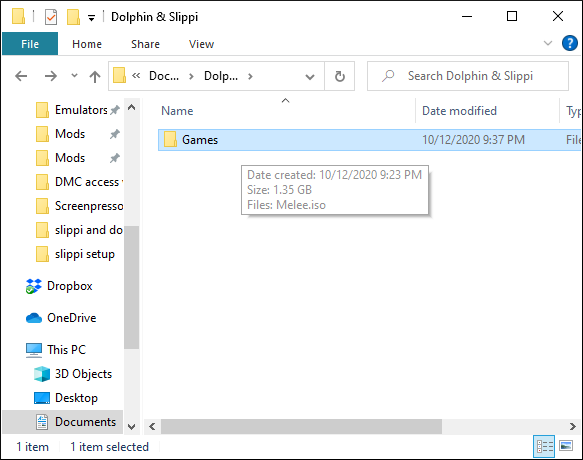 A Games folder in a Dolphin and Slippi folder.