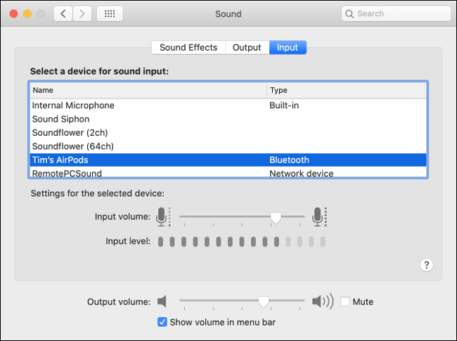 The Input tab under the Sound menu.