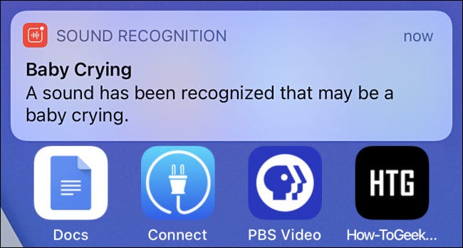 A Sound Recognition alert notification on iPhone for a baby crying.