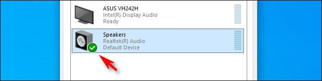 In Windows 10, a green check mark beside the speakers icon means it is the default device.