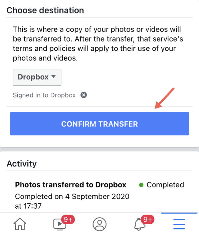 Start photos and videos transfer on Facebook app