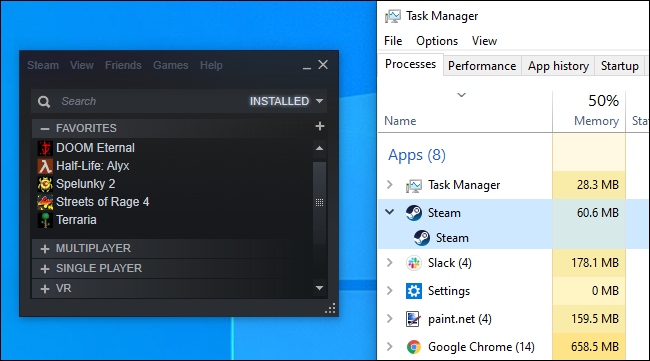 Steam запустится в маленьком режиме без каких-либо компонентов веб-браузера. Если вы посмотрите в диспетчер задач, вы, скорее всего, увидите, что он использует 60 МБ ОЗУ или меньше. 