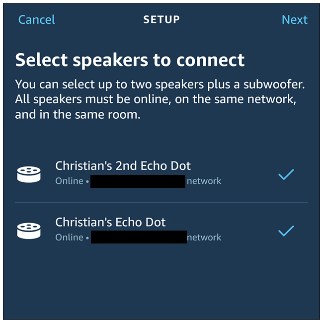 Select the two speakers you'd like to pair, and select Next