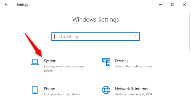 Clicking the System icon in Windows 10 Settings.
