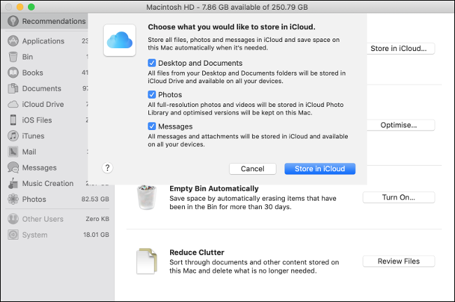 The Choose What You Would Like to Store in iCloud menu on macOS.