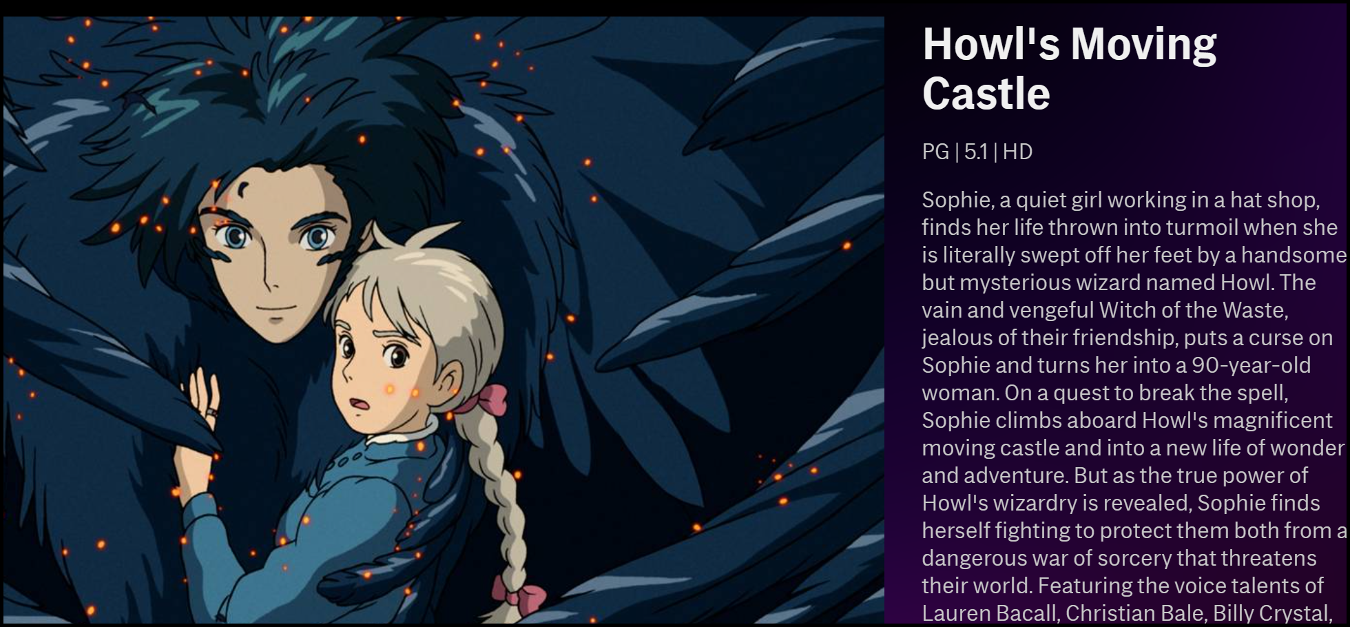 The description of Howl's Moving Castle on HBO Max.