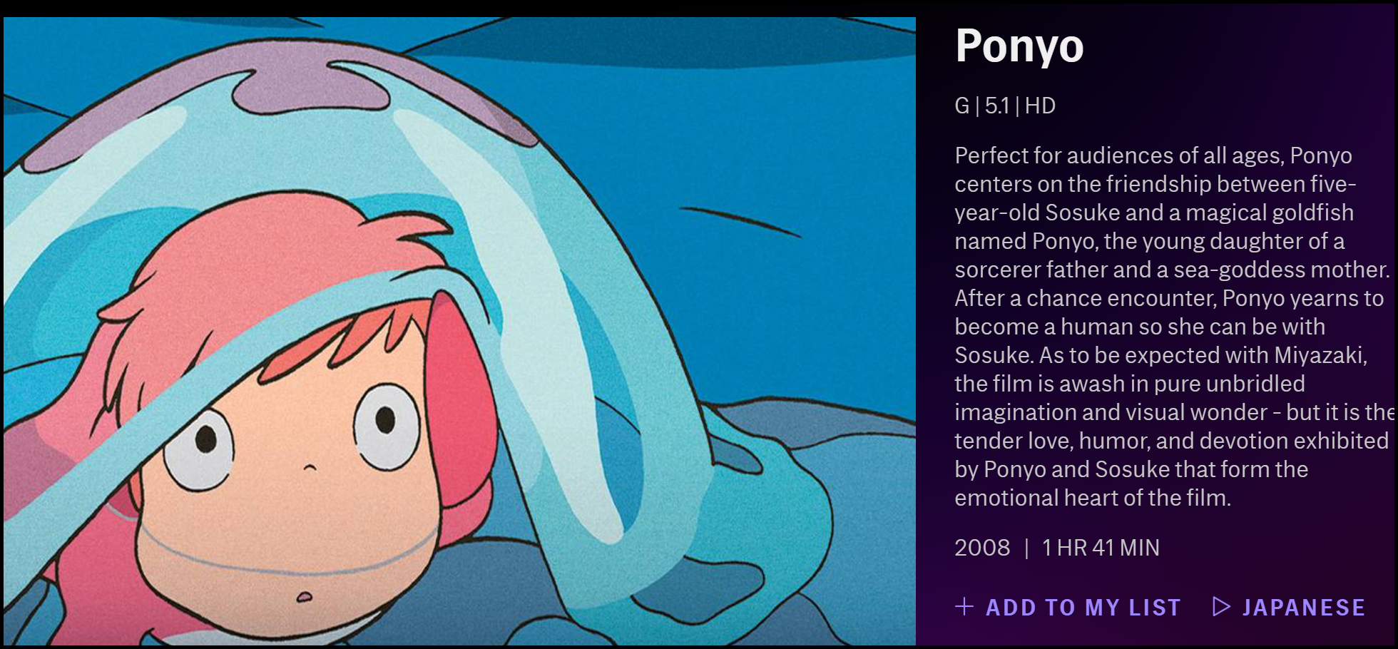 The description of Ponyo on HBO Max.