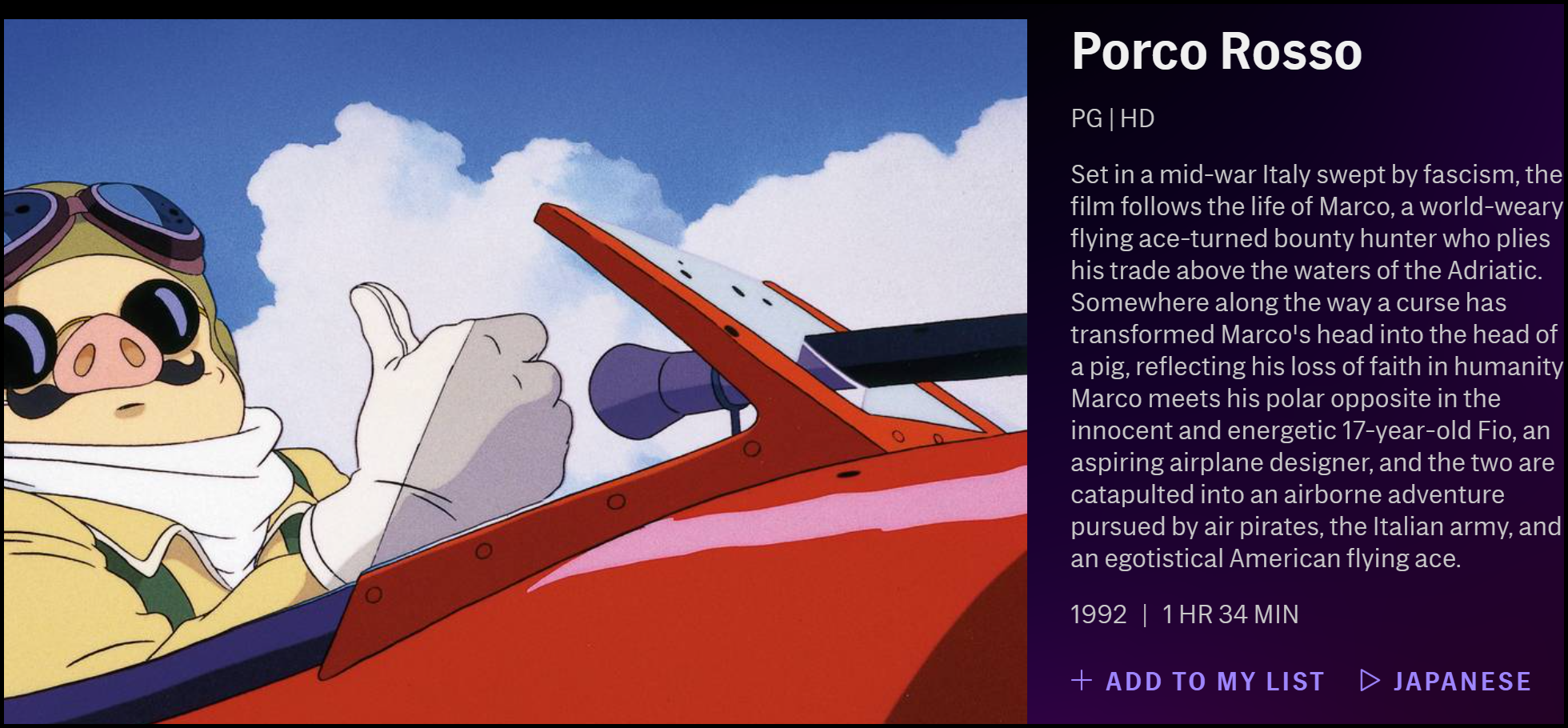 The description of Porco Rosso on HBO Max.