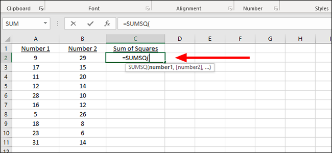 sumsq formula excel